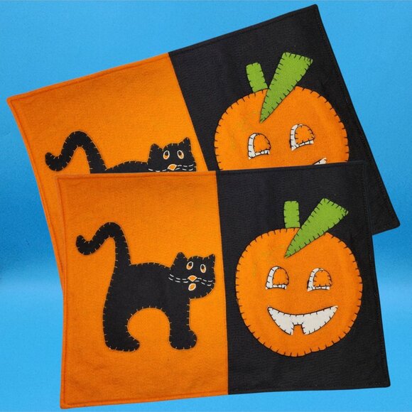 Halloween Placemats Felt Black Cat Pumpkin Jack O’Lantern Table Decor Set of 2 - Picture 3 of 7